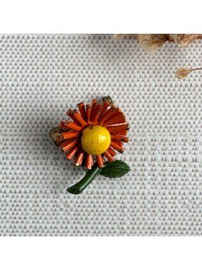 Vintage Enamel Daisy Pin, Orange & Yellow Flower  Brooch Tiny .75" x .5", Retro